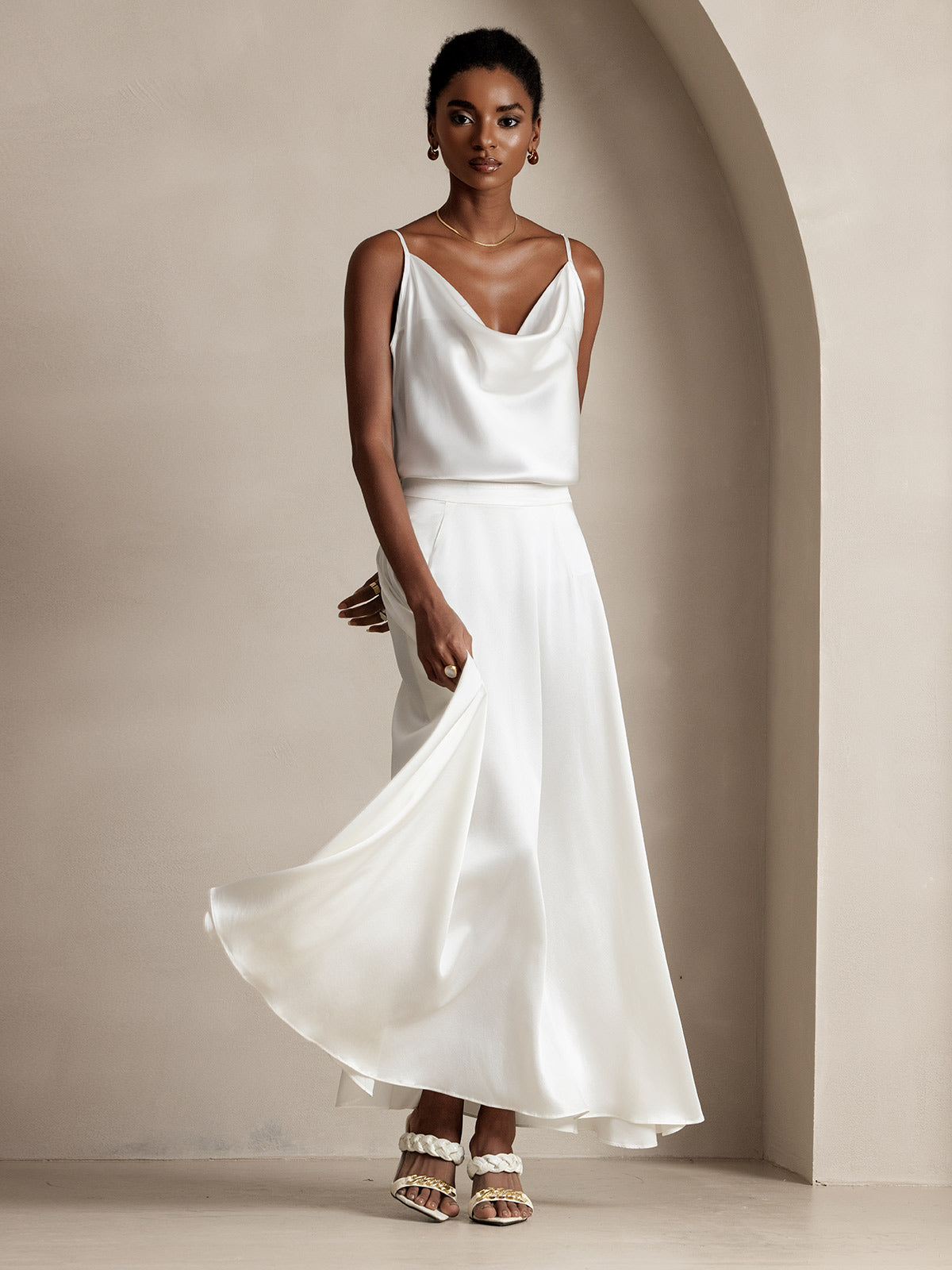 [White] SilkSilky-UK 19Momme Stretch Silk Charmeuse Skirt 006