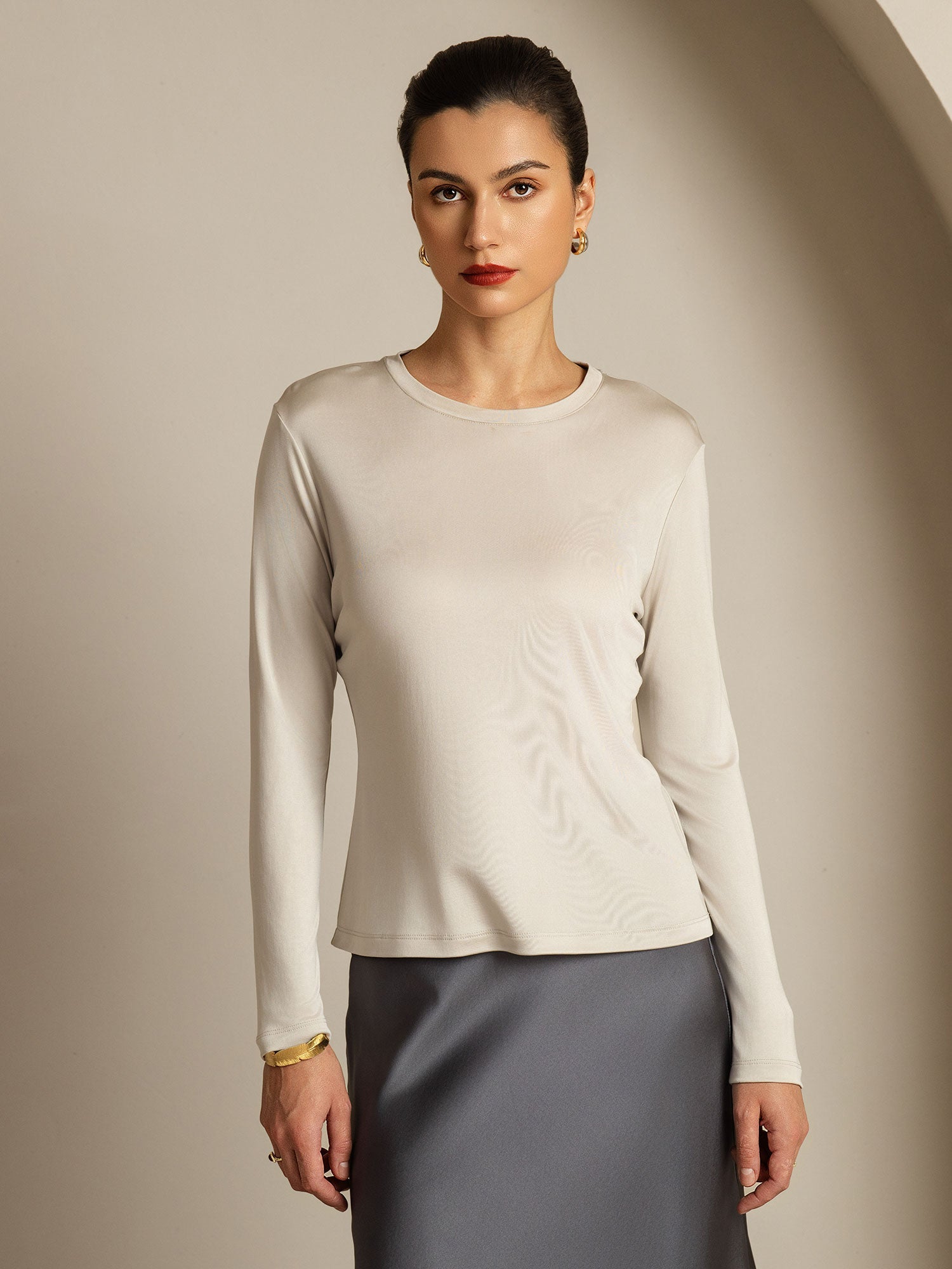 [Gray] SilkSilky-UK 100% Silk Jersey Long Sleeve Crew Neck Women's T-Shirt 003