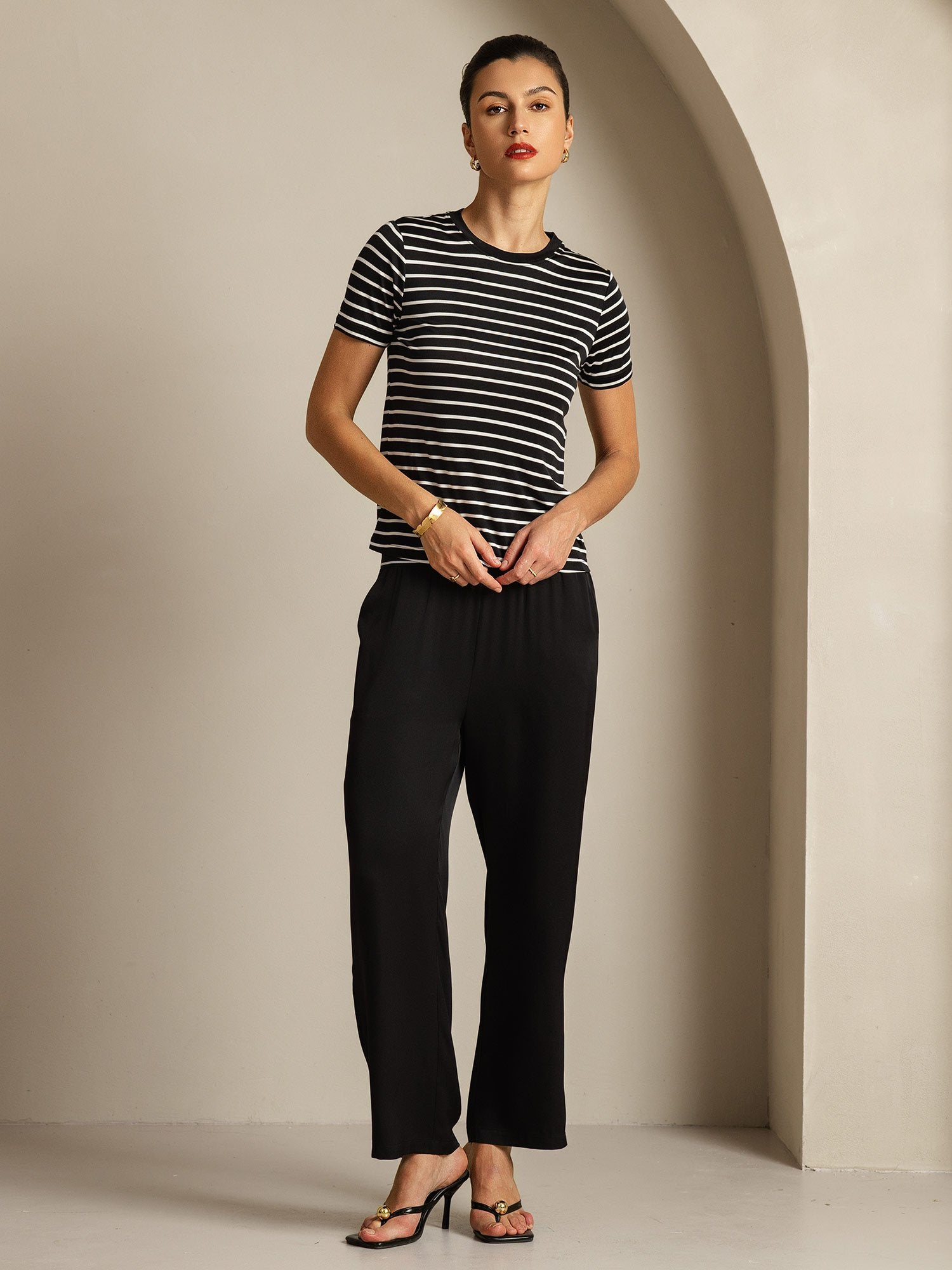 [BlackStripe] SilkSilky-UK Pure Silk Crew Women's T-Shirt 008