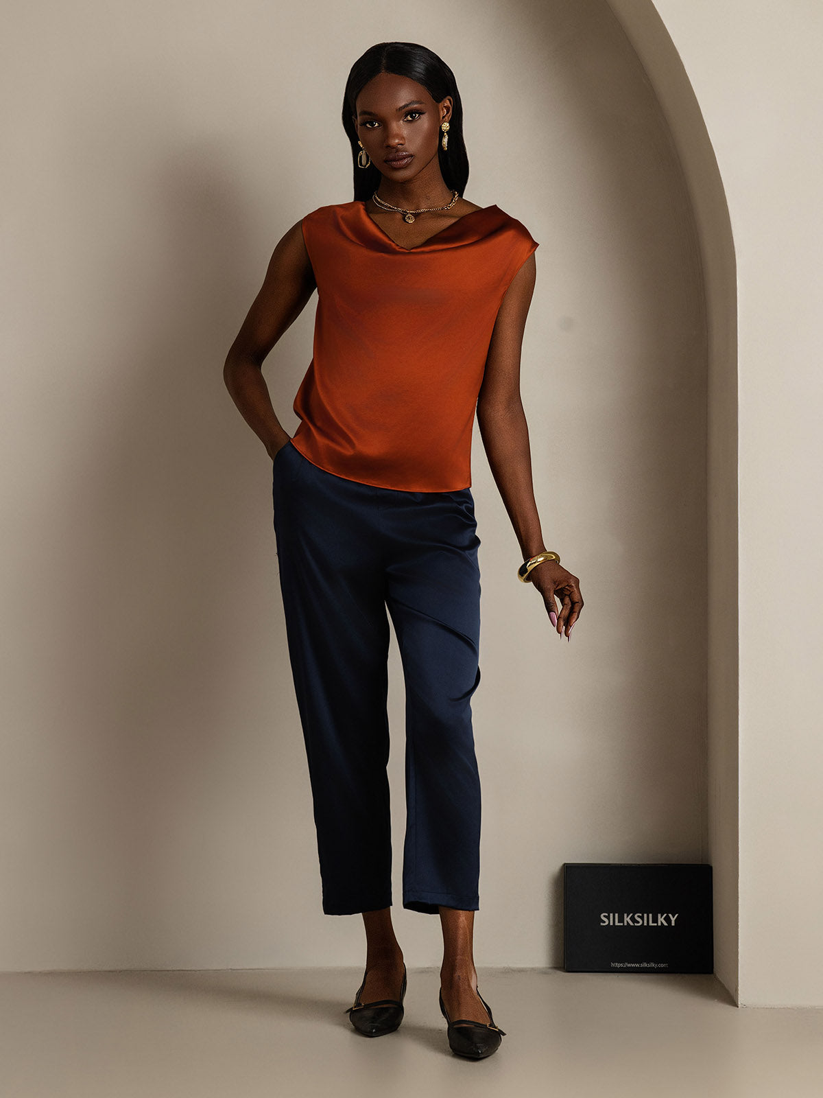 [Caramel] SilkSilky-UK 19Momme Silk Cap Sleeve Cowl Neck Women's T-Shirt 007