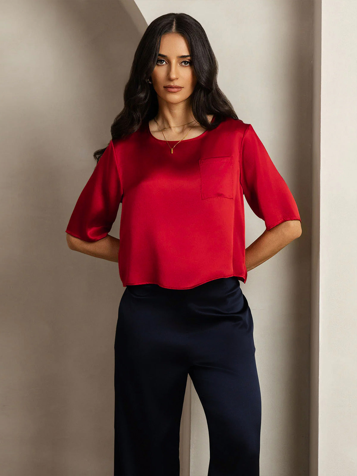 [Dark Red] SilkSilky-UK Pure Silk Boat Neck Women's T-Shirt 001