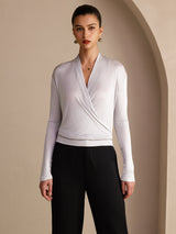 [Gray] SilkSilky-UK Long Sleeve Wrap Women's Blouse 001