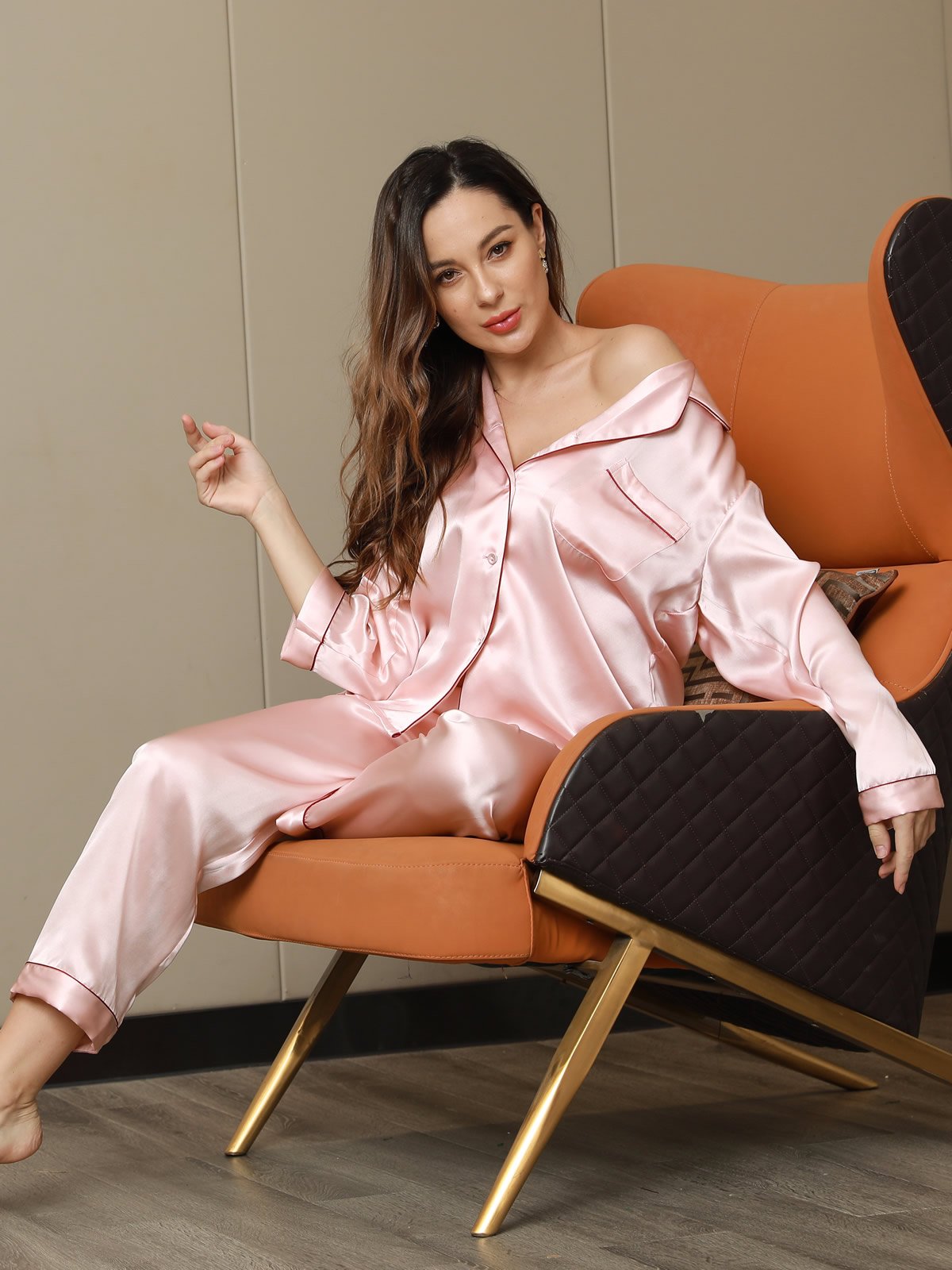 SilkSilky UK Pure Silk Long Sleeve Lapel Women's Pyjamas Pink 005