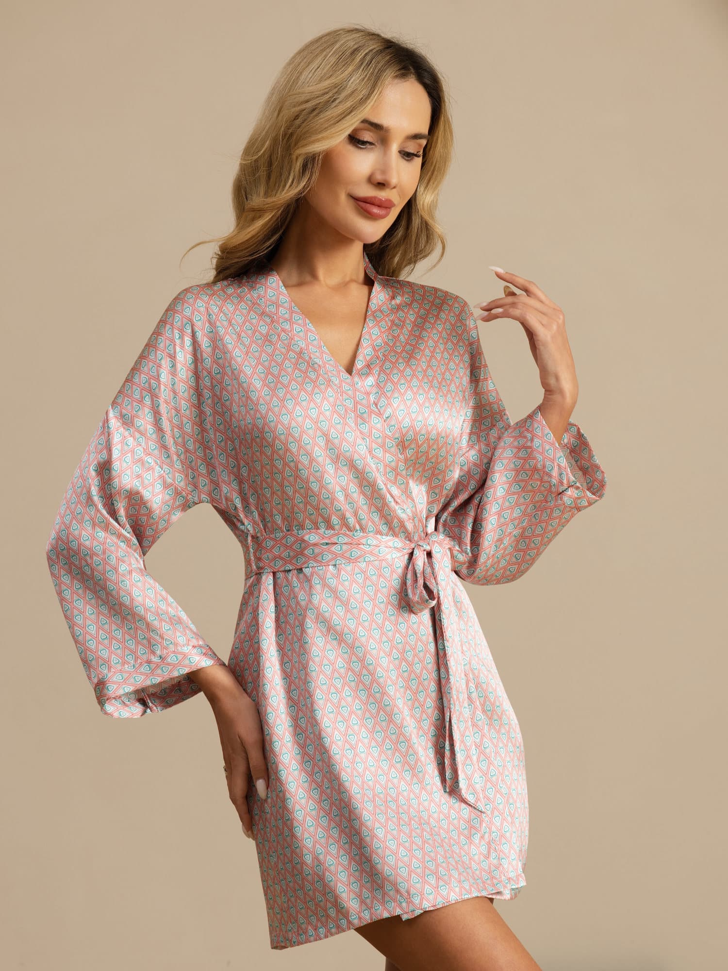 [Pink Heart Geo] SilkSilky-UK Long Sleeve Women's Dressing Gown 003