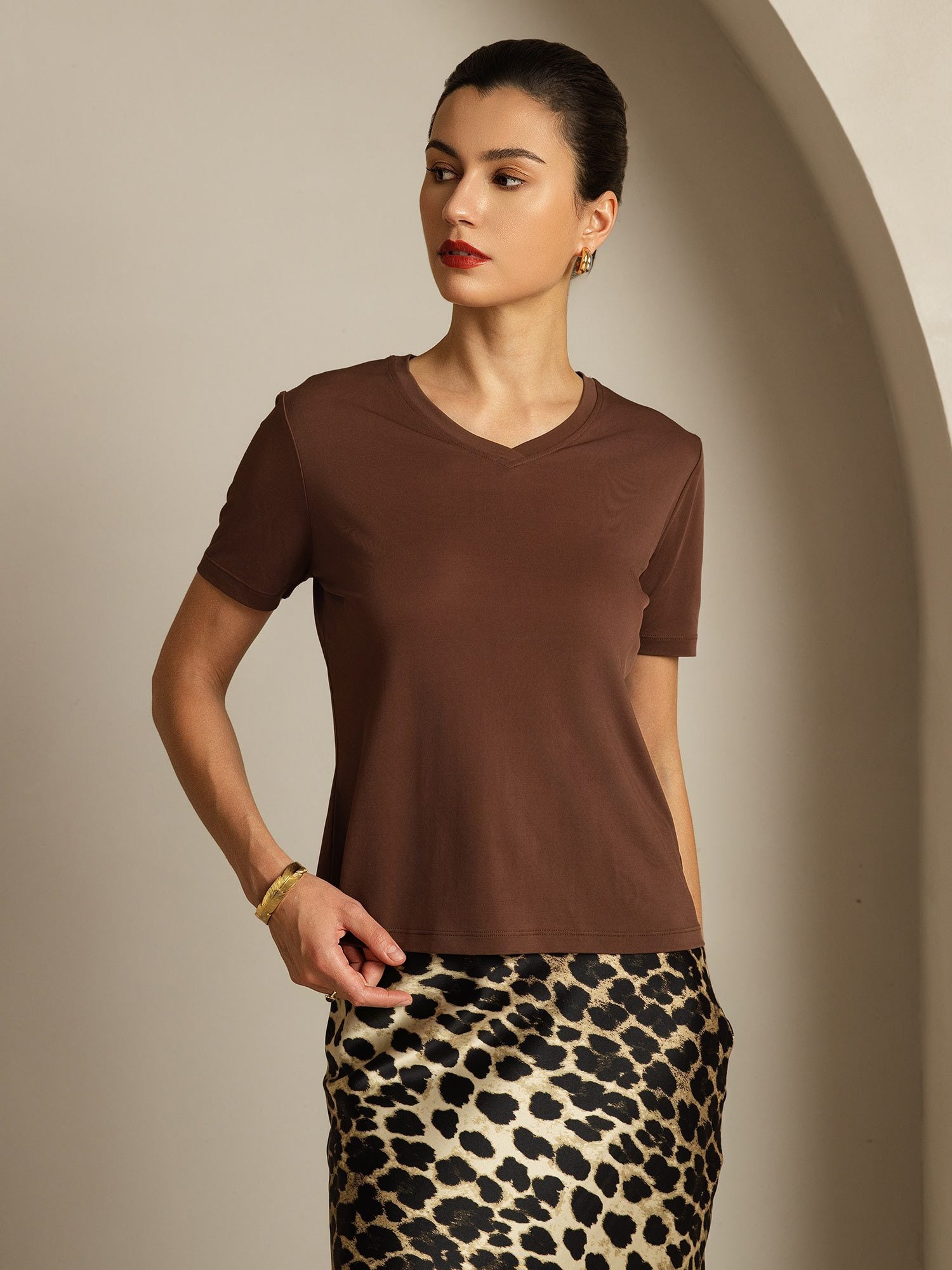 [Coffee] SilkSilky-UK Pure Silk V Neck Women's T-Shirt 007