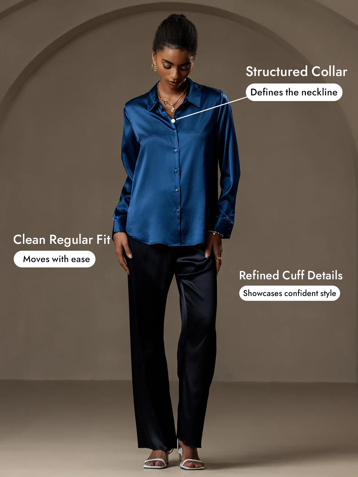 [Teal] SilkSilky-UK Silk Long Sleeve Collar Women's Shirt 005