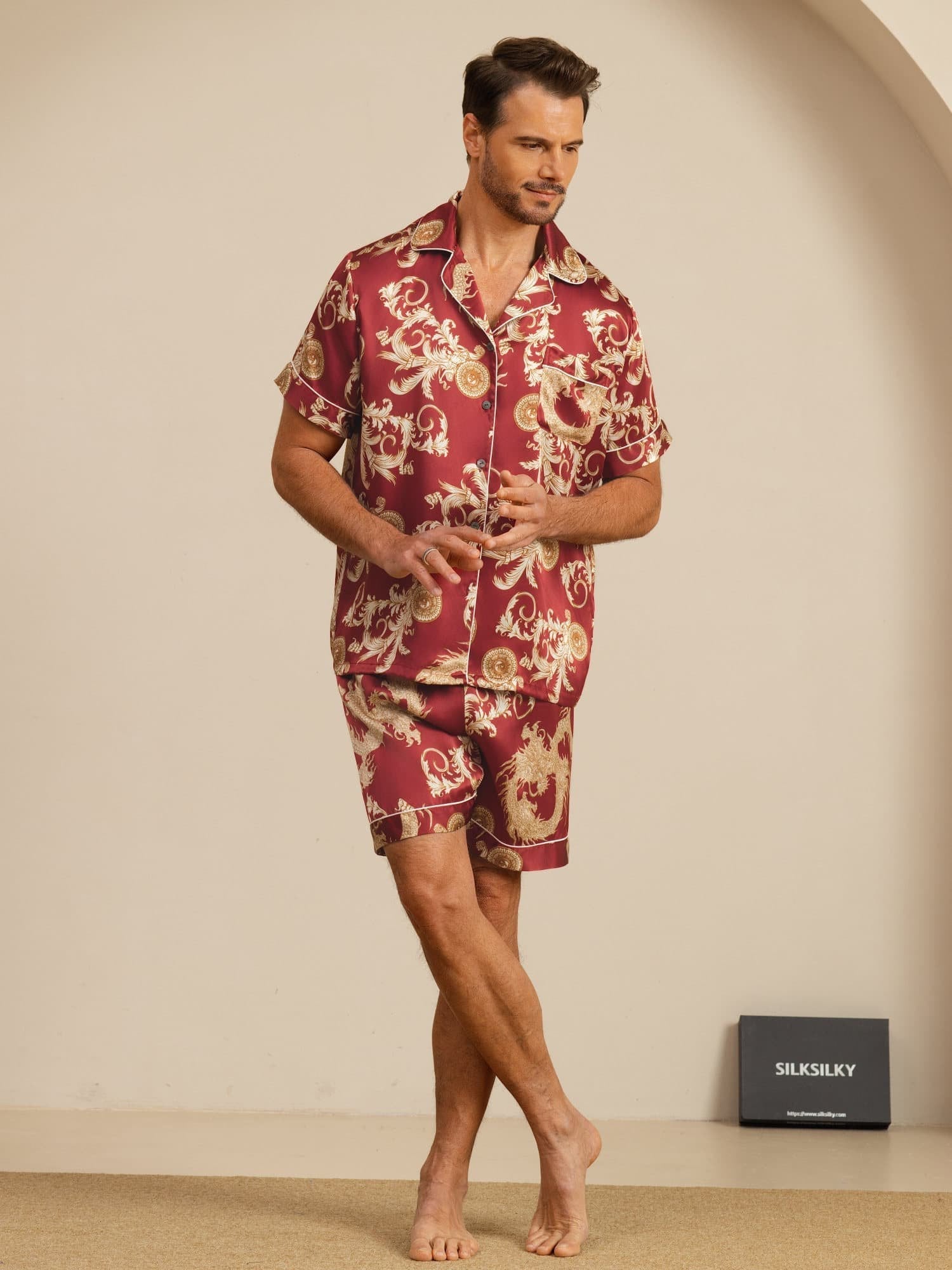 [Wine Dragon] SilkSilky-UK Short Sleeve Notch Collar Men's Pyjamas 007