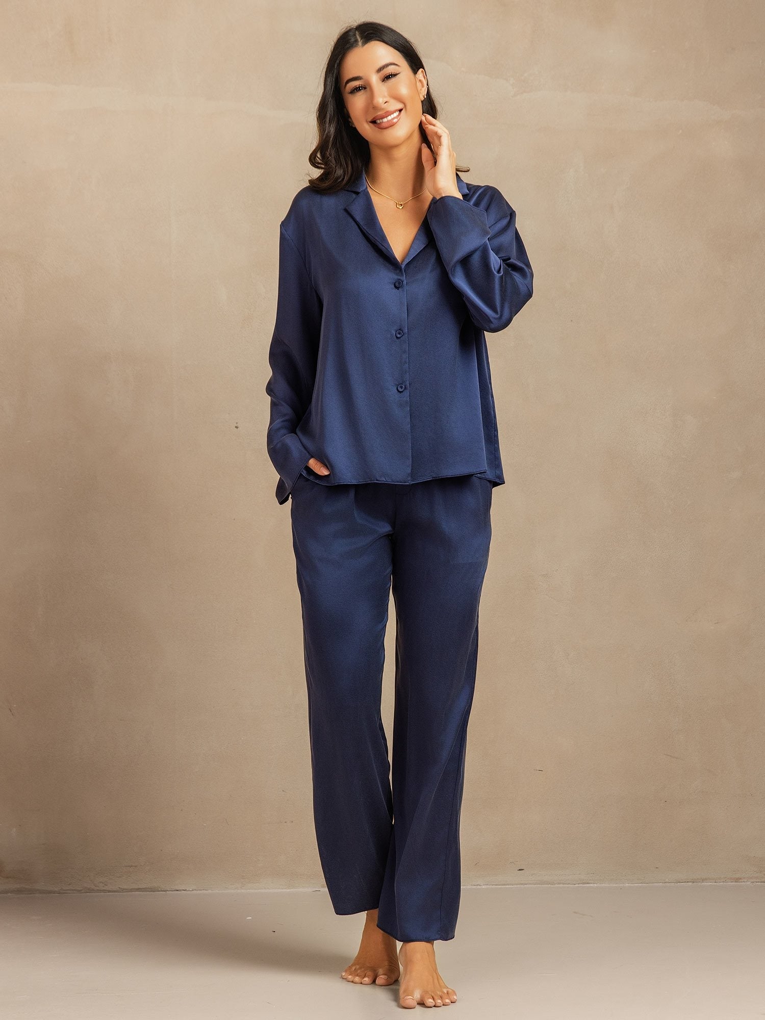 [Dark Blue] SilkSilky-UK 19Momme Machine-Washable Silk Notched Neck Women's Pyjamas 003