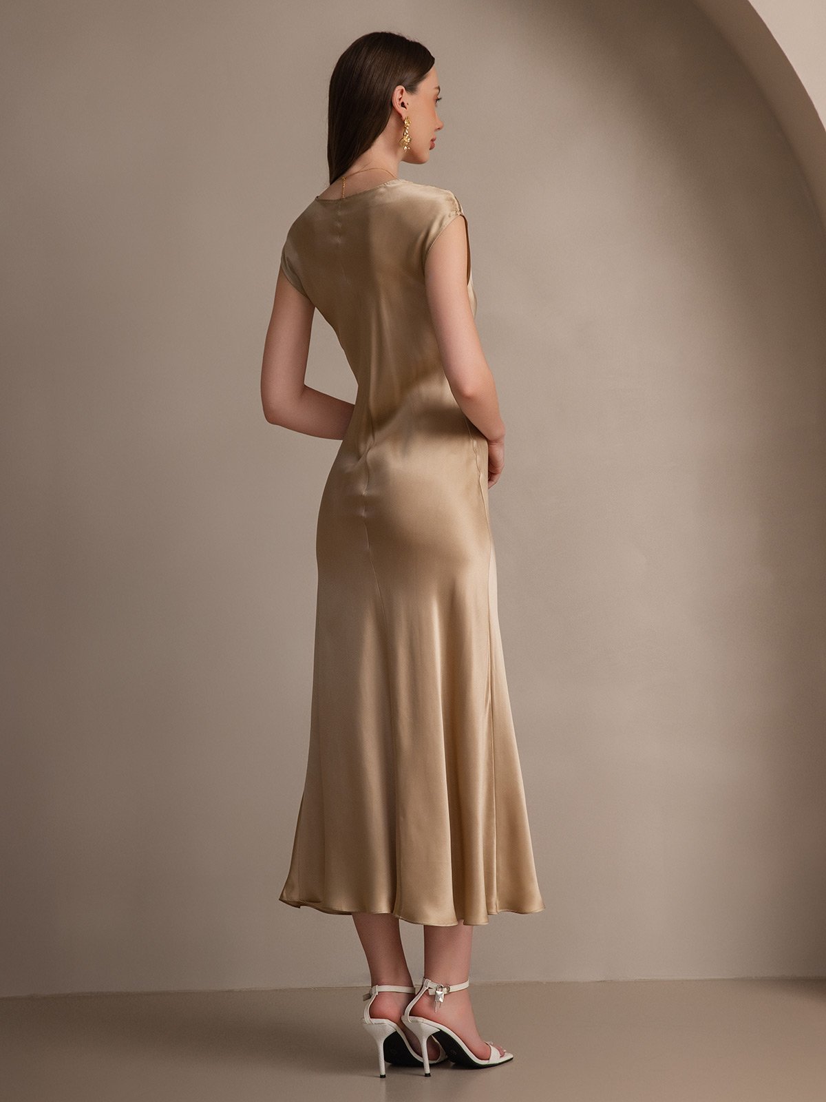 [Champagne] SilkSilky-UK 19Momme Silk Cap Sleeve Round Neck Dress 002