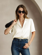 [Ivory] SilkSilky-UK 19Momme Silk Notched Neck Women's Shirt 001