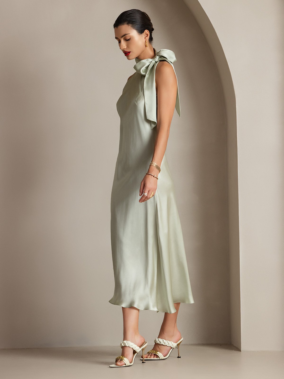 [Light Green] SilkSilky-UK 19Momme Silk Sleeveless Tie Neck Dress 007