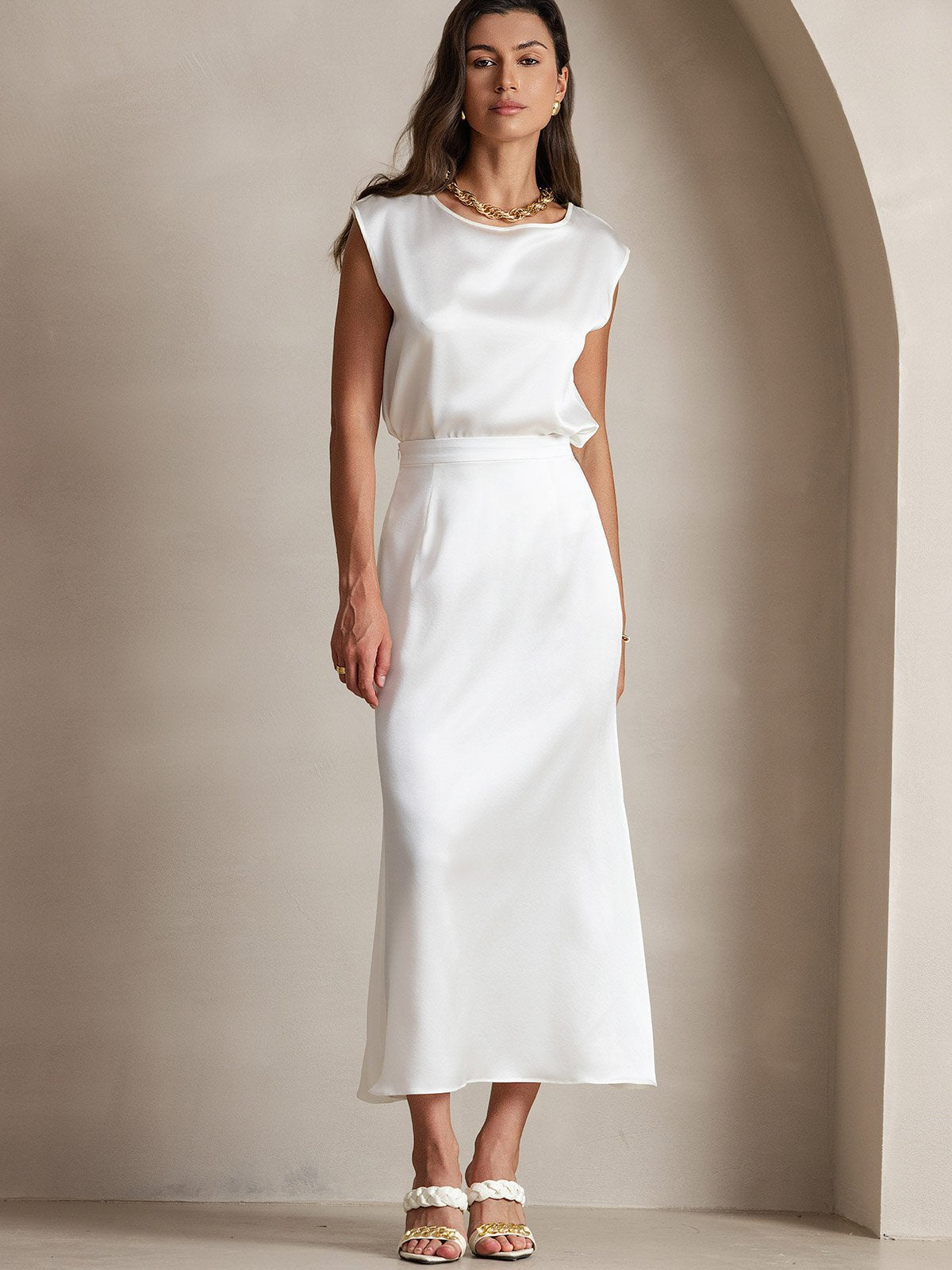 [White] SilkSilky-UK 19Momme Stretch Silk Charmeuse Skirt 006