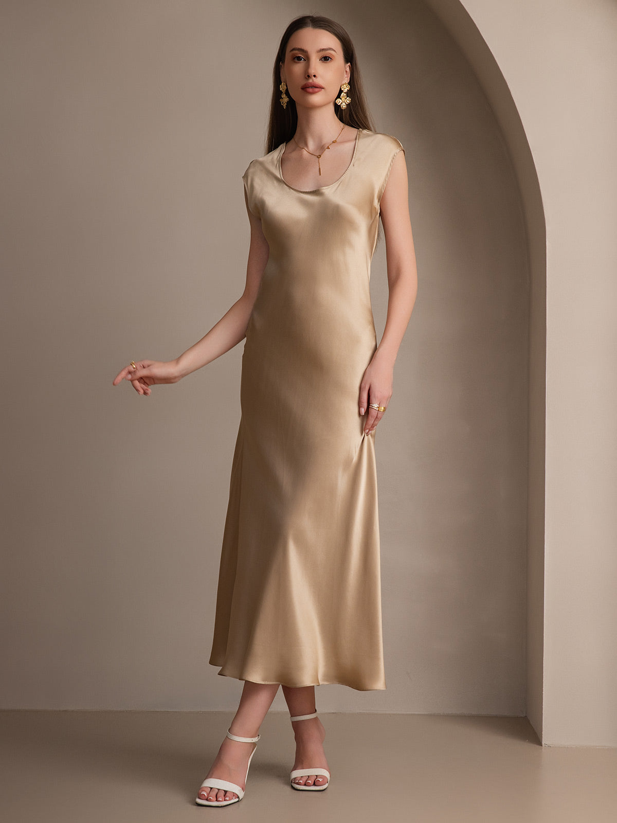 [Champagne] SilkSilky-UK 19Momme Silk Round Neck Dress 004