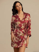 [Wine Dragon] SilkSilky-UK 3/4 Sleeve V Neck Women's Dressing Gown 003