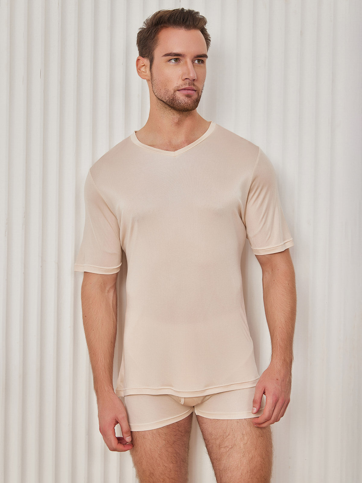 SilkSilky-UK Silk Knitted Short Sleeve V Neck Men's T-Shirt Beige 004