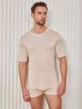 SilkSilky UK Silk Knitted Short Sleeve V Neck Men's T Shirt Beige 004