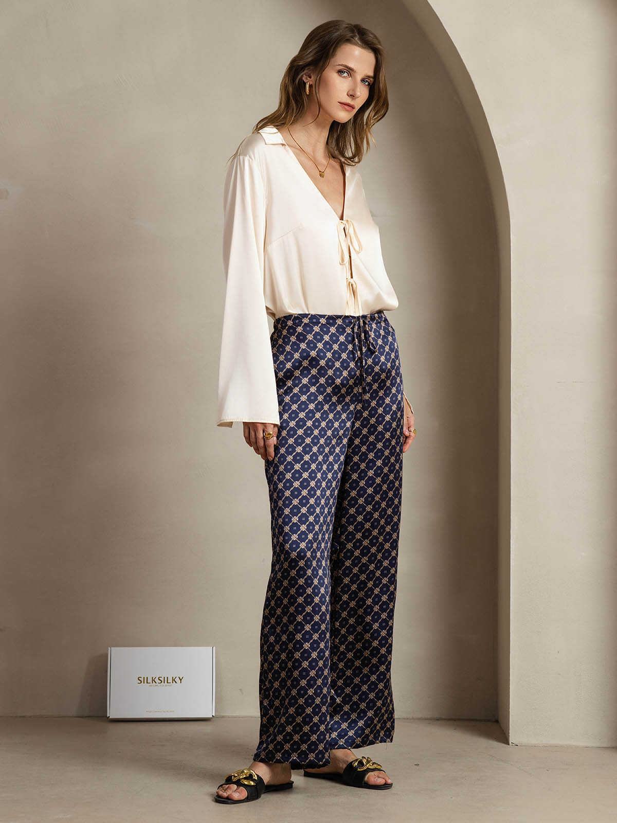 [Navy Chain] SilkSilky-UK 19Momme Silk Womens Pants 004