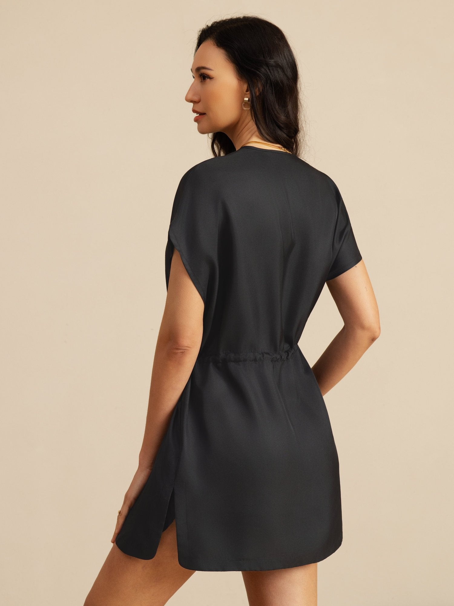 [Black] SilkSilky-UK 18Momme Silk Satin Surah Cap Sleeve Henley Neck Dress 002