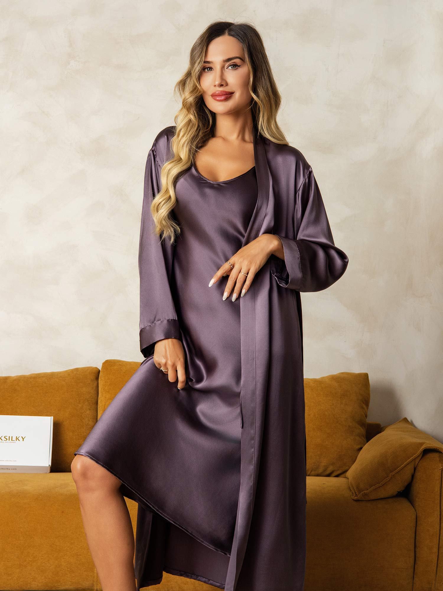 [Purple Gray] SilkSilky-UK Long Sleeve V Neck Nightdress&Dressing gowns 003