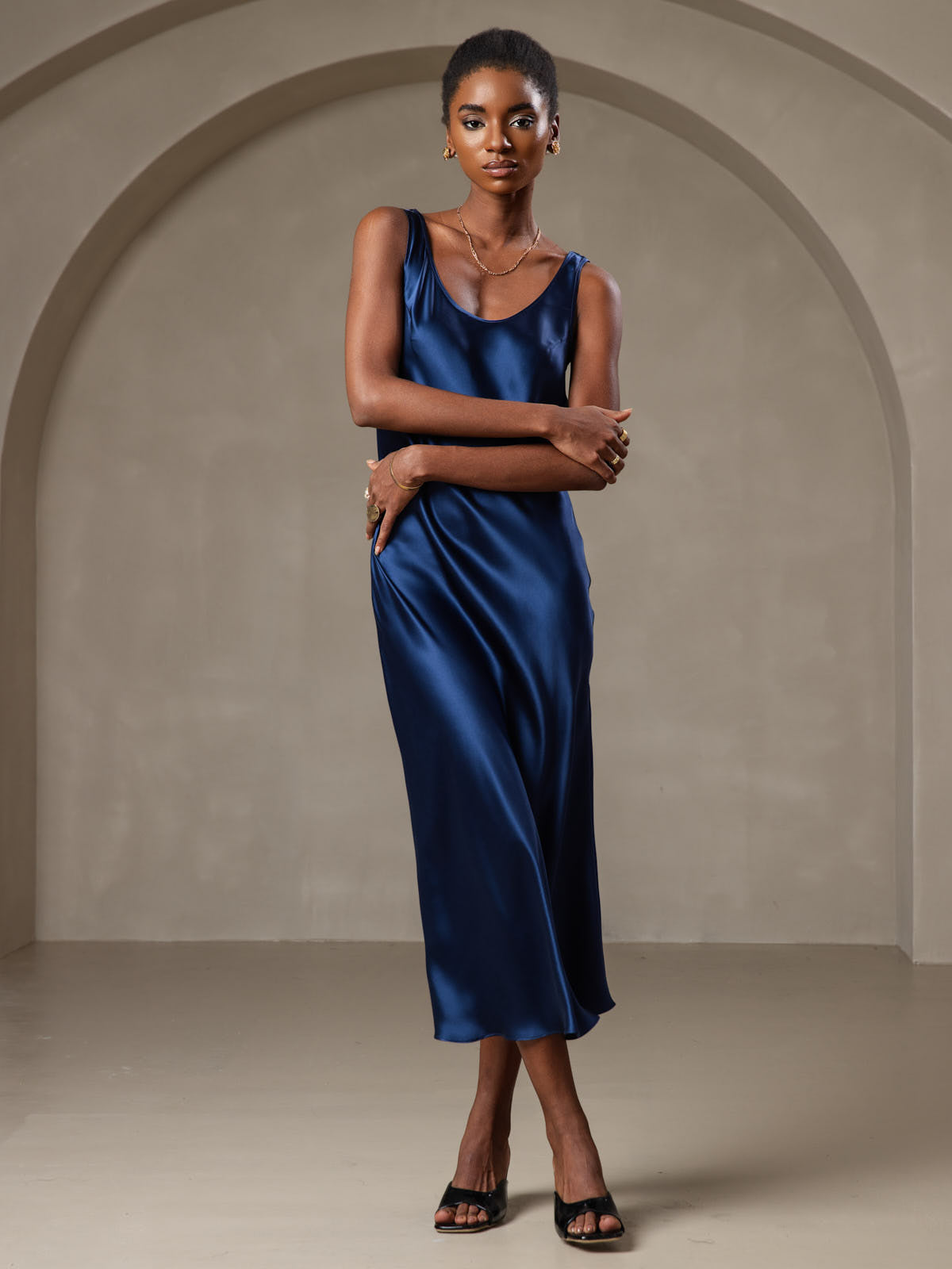 [Dark Blue] SilkSilky-UK Pure Silk Boat Neck Dress 001