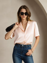[Pink] SilkSilky-UK 19Momme Silk Notched Neck Women's Shirt 003