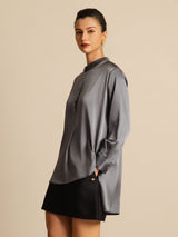 [Dark Gray] SilkSilky-UK 19Momme Stretch Silk Charmeuse Long Sleeve Stand Collar Blouse 006