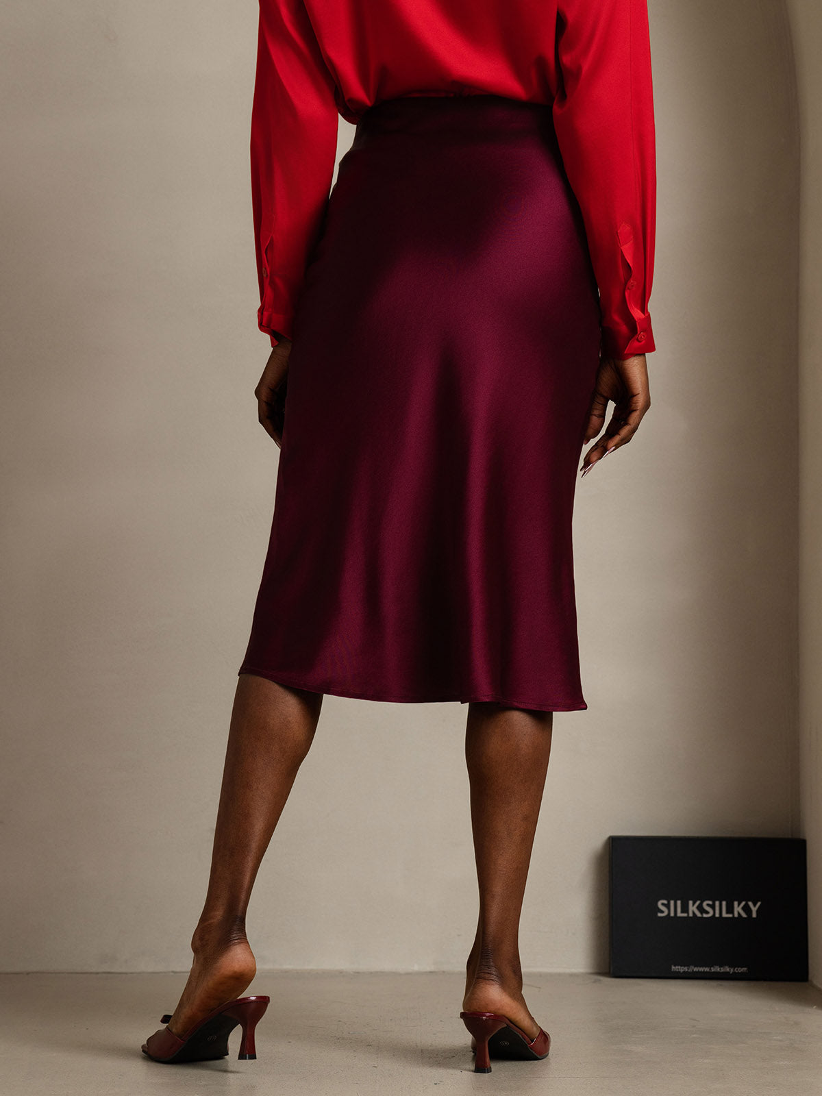 [Dark Red] SilkSilky-UK 19Momme Pure Silk Skirt 002,