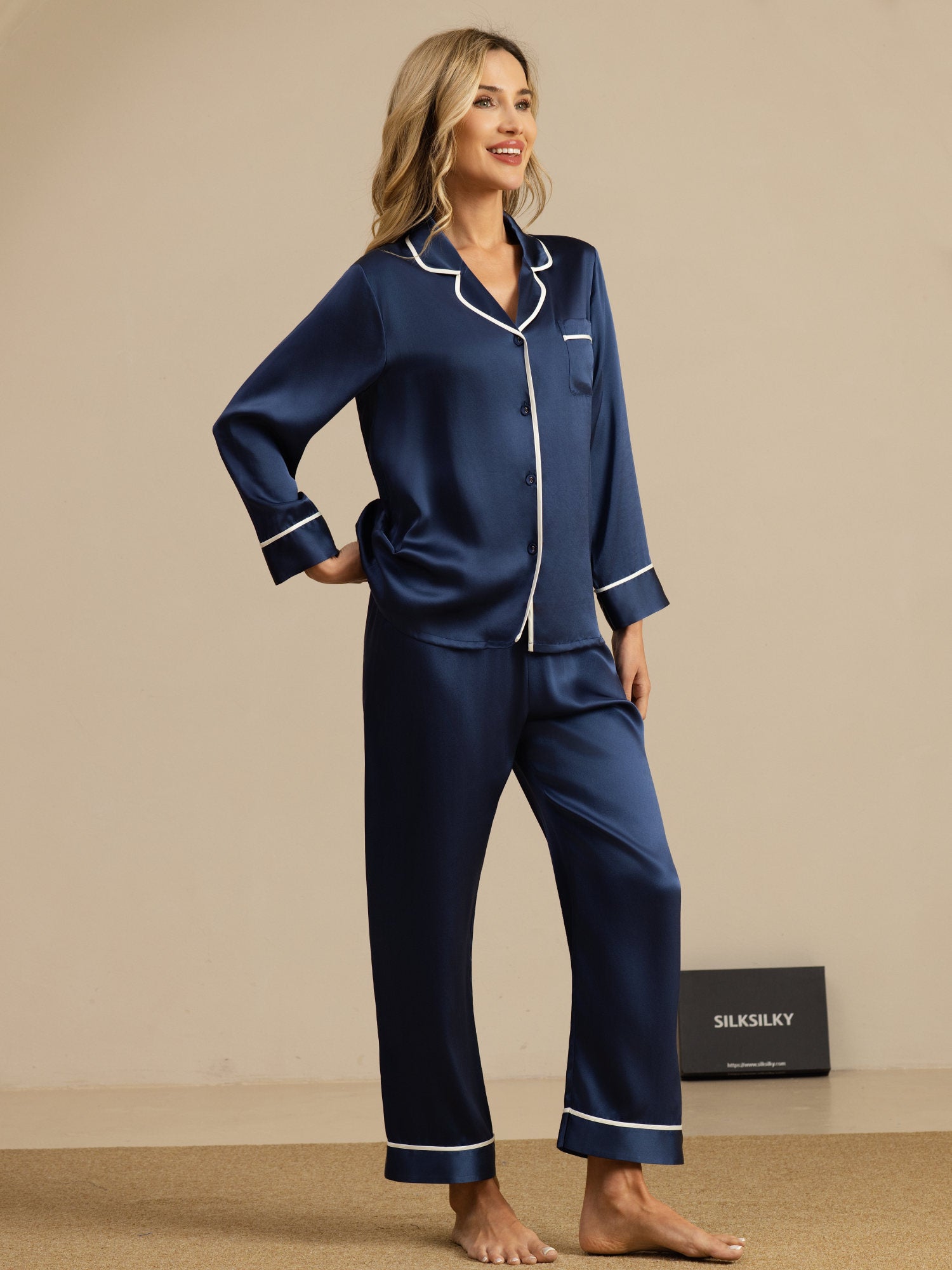 [Dark Blue] SilkSilky-UK Long Sleeve Notch Collar Women's Pyjamas 007