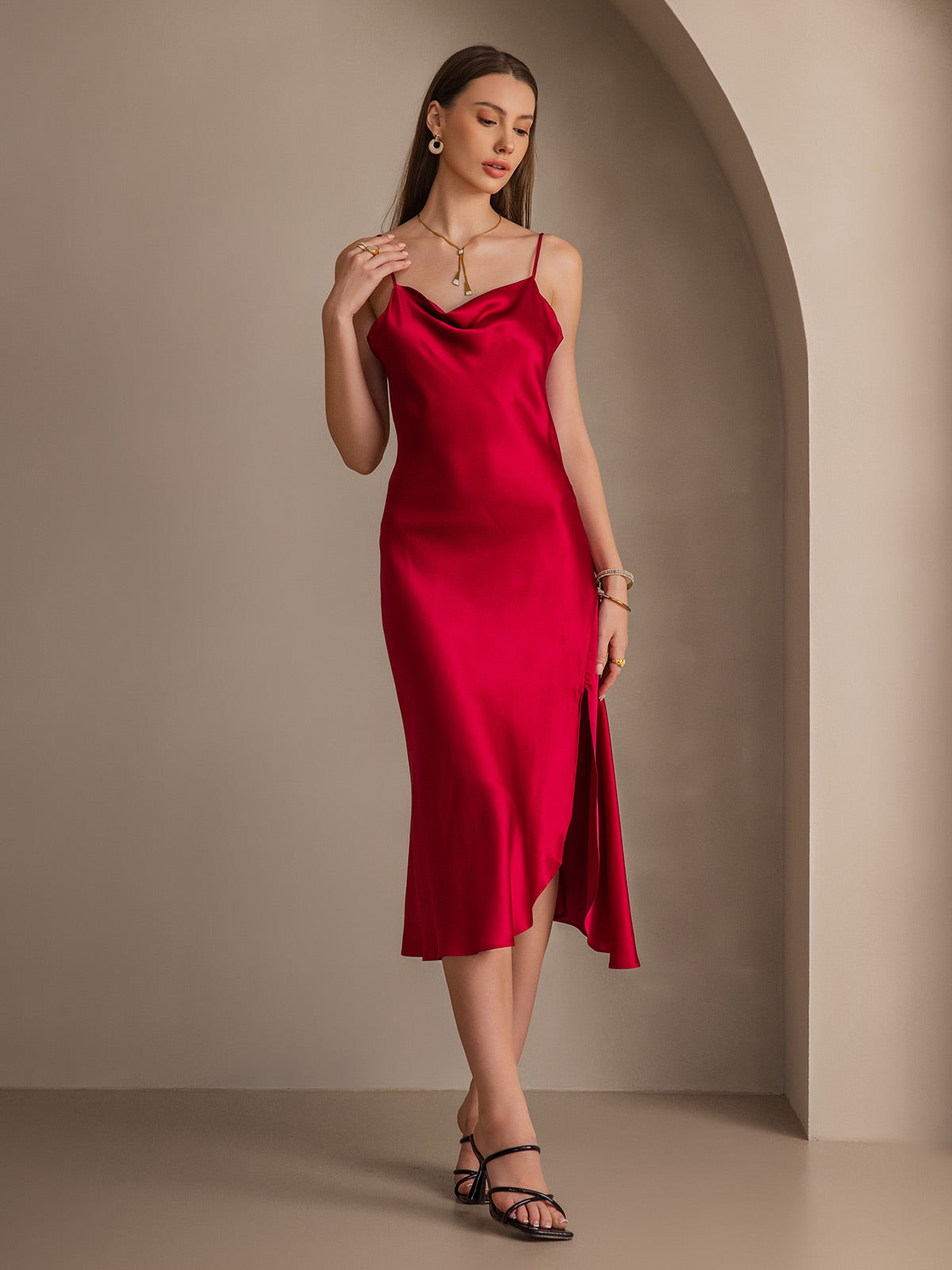 [Wine] SilkSilky-UK 19Momme Pure Silk Cowl Neck Dress 005