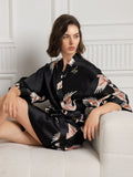 SilkSilky-UK 19Momme Pure Silk 3/4 Sleeve V Neck Women's Dressing Gown Black 004