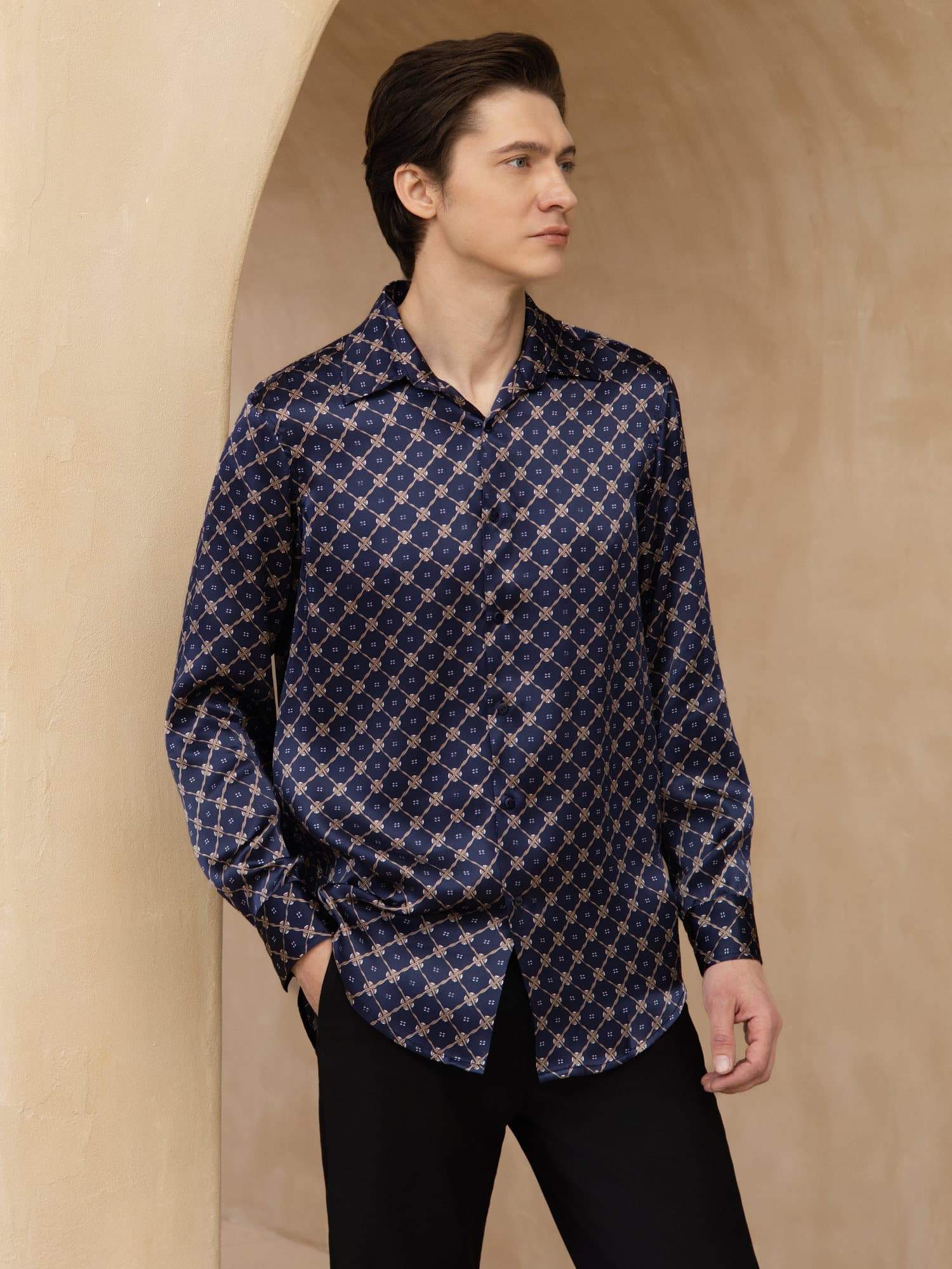 [Navy Chain] SilkSilky-UK Long Sleeve Lapel Collar Men's Shirt 001