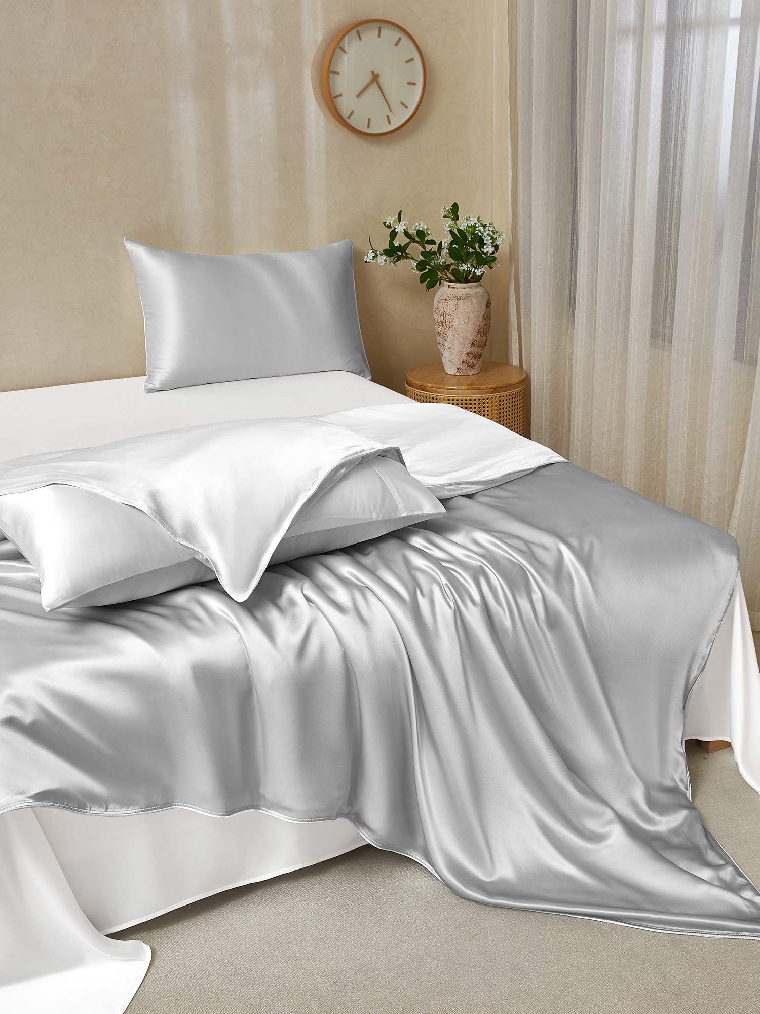 [LightGray+White] SilkSilky-UK 22Momme Pure Silk Bedding Set 003,