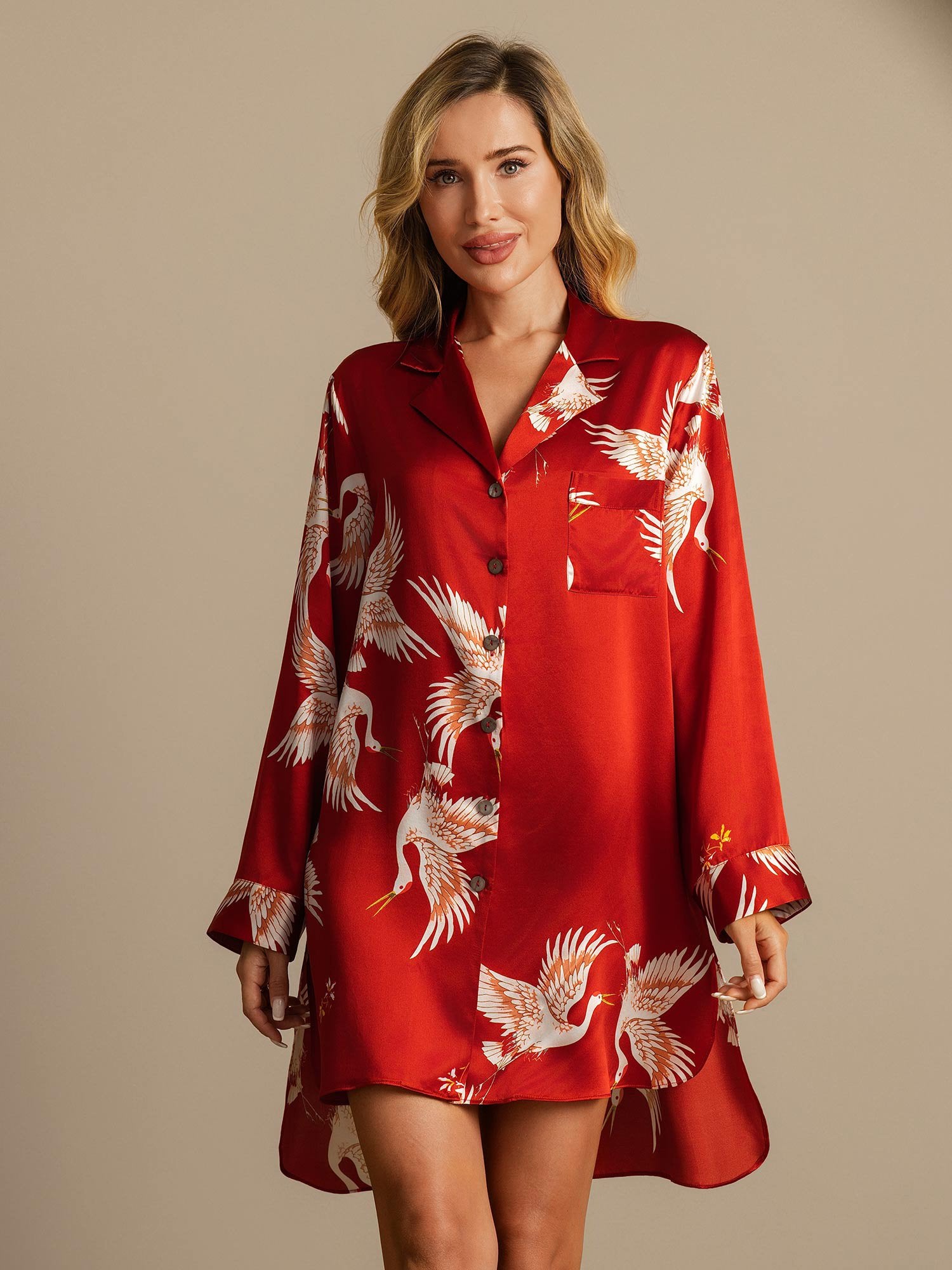 [DarkRed] SilkSilky-UK 19Momme Pure Silk Collar Nightshirt 003