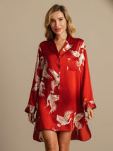 [Dark Red] SilkSilky-UK 19Momme Long Sleeve Notch Collar Nightshirt 003