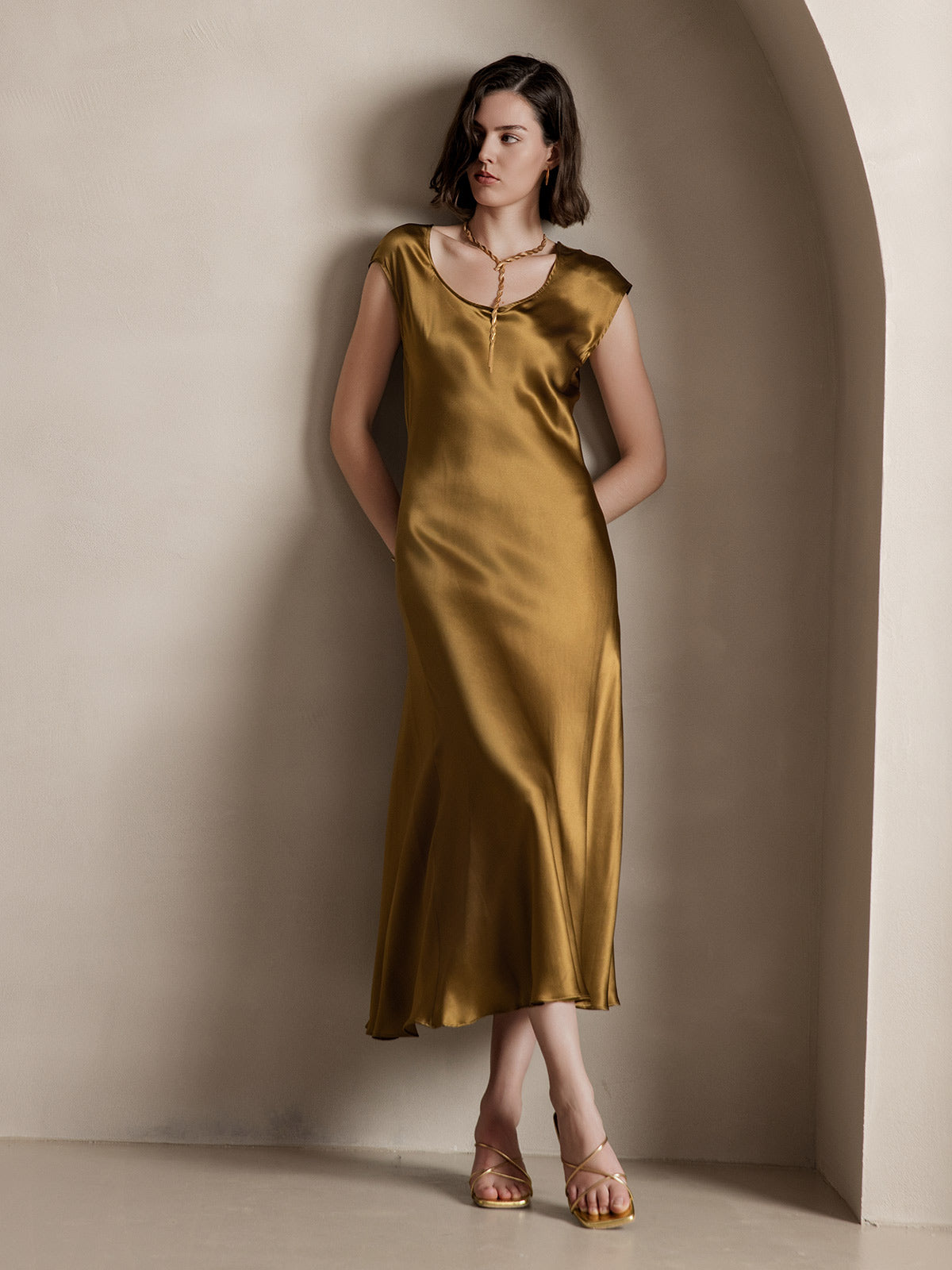 [Brown] SilkSilky-UK 19Momme Silk Round Neck Dress 008