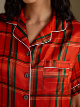 [Red Plaid] SilkSilky-UK Short Sleeve Notch Collar Women's Pyjamas 004