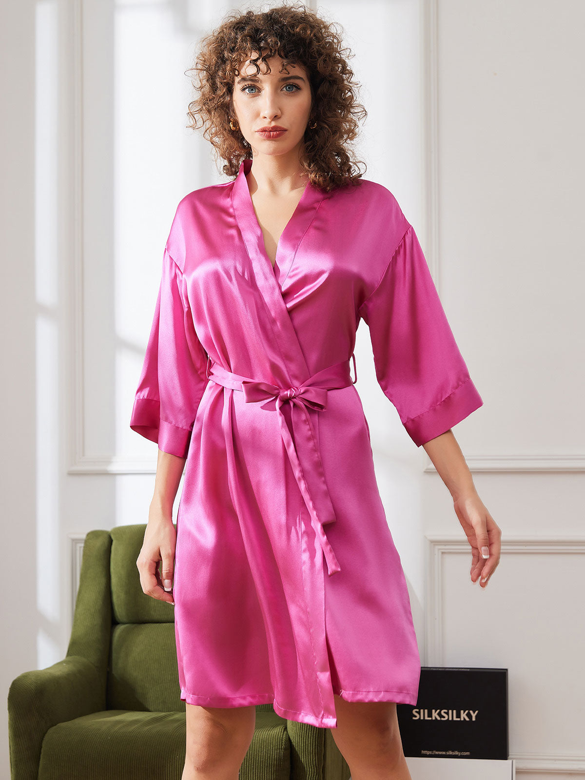 [Rose Red] SilkSilky-UK Pure Silk Womens Robe 004