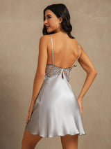[Grayish Blue] SilkSilky-UK Spaghetti Strap Deep V Neck Nightdress 002