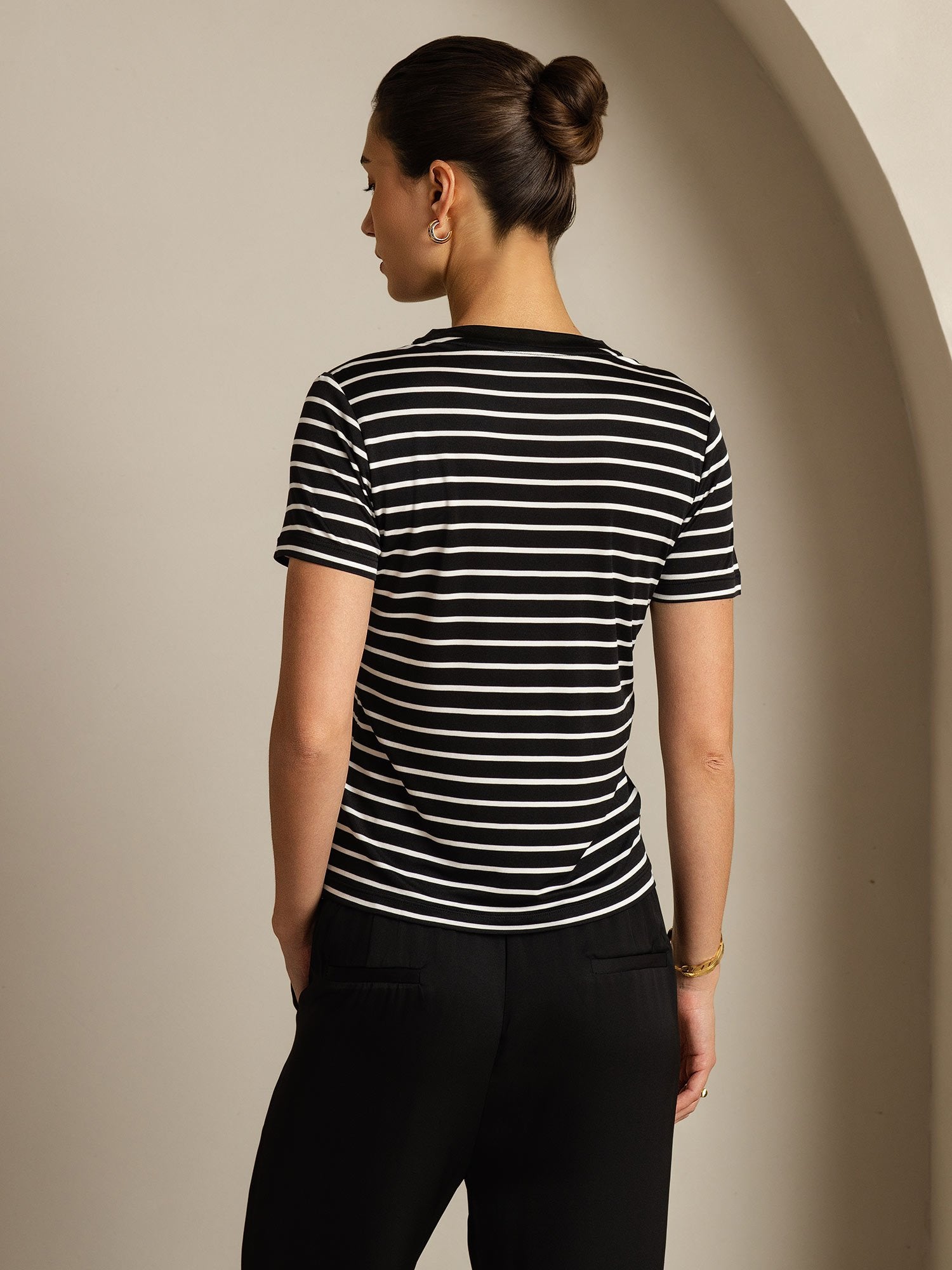 [BlackStripe] SilkSilky-UK Pure Silk Crew Women's T-Shirt 002