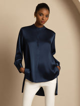 [Dark Blue] SilkSilky-UK 19Momme Stretch Silk Charmeuse Long Sleeve Stand Collar Blouse 007