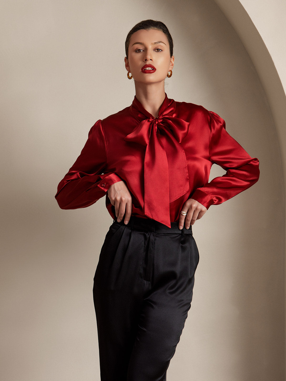 [Wine] SilkSilky-UK 19Momme Silk Long Sleeve Tie Neck Women's Shirt 003