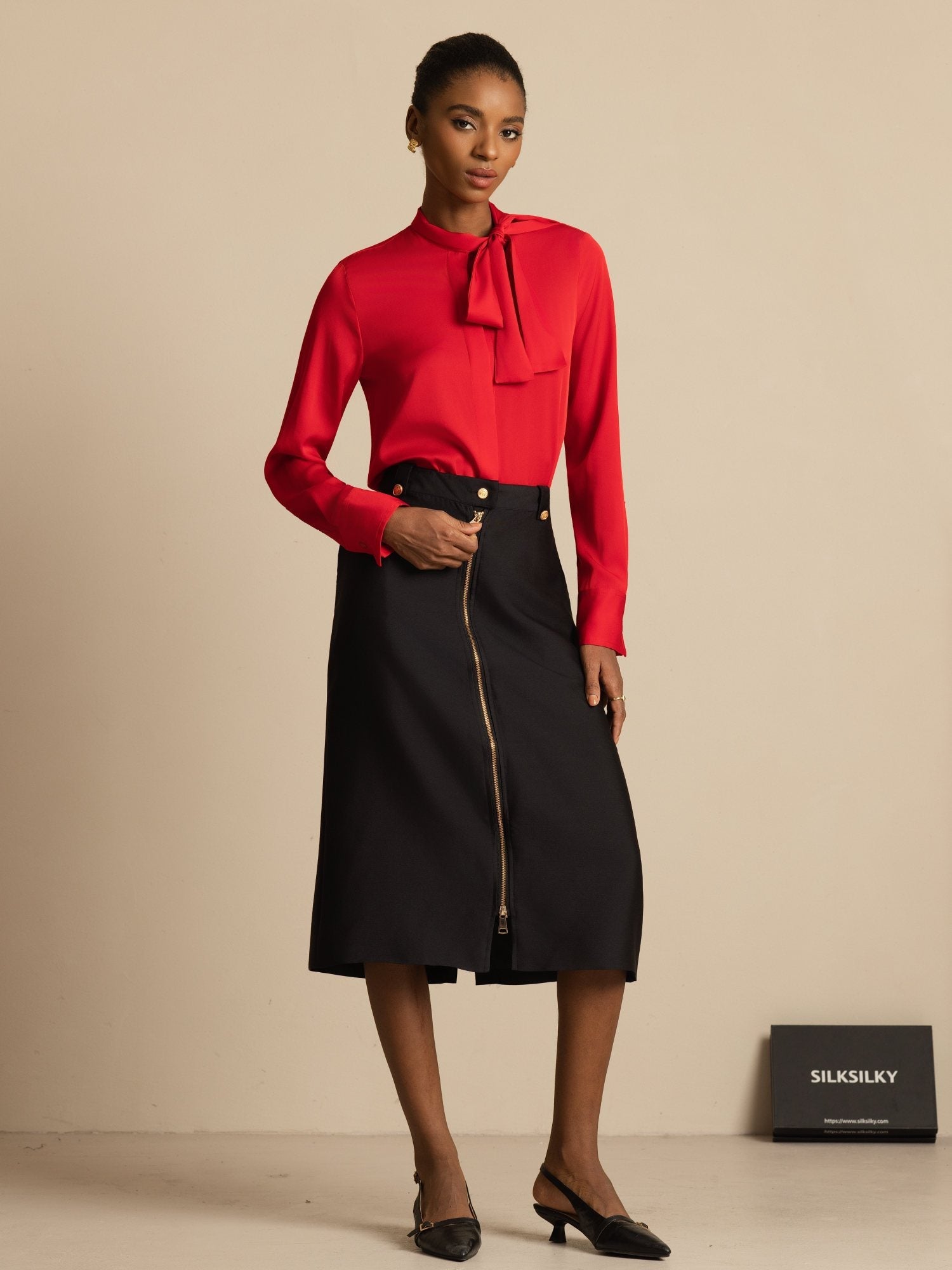 [Wine] SilkSilky-UK 19Momme Silk Long Sleeve Tie Neck Blouse 006