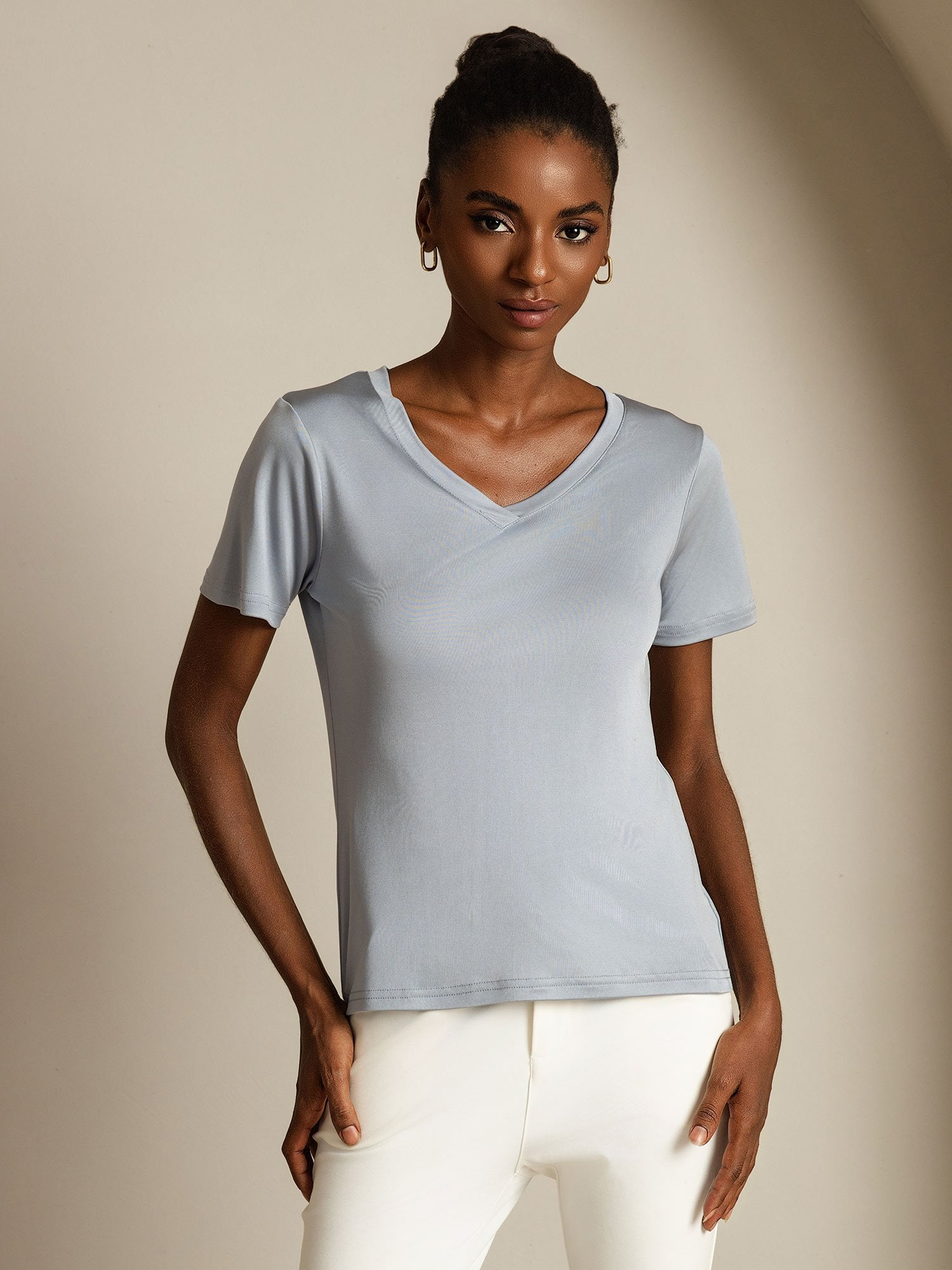 [LightGray] SilkSilky-UK Pure Silk V Neck Women's T-Shirt 003