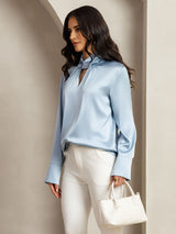 [Grayish Blue] SilkSilky-UK 19Momme Silk Keyhole Neck Women's Shirt 007