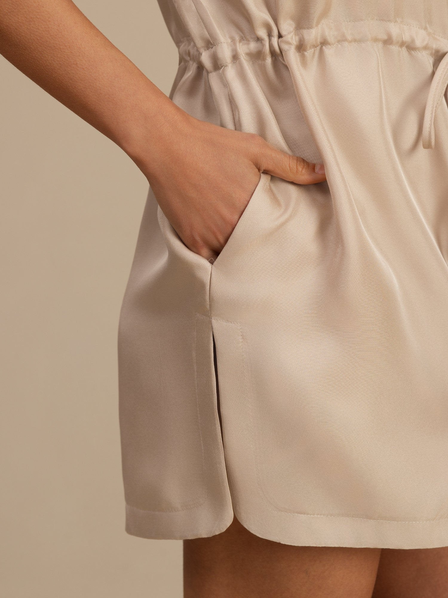 [Tan] SilkSilky-UK 18Momme Silk Satin Surah Cap Sleeve Henley Neck Dress 005