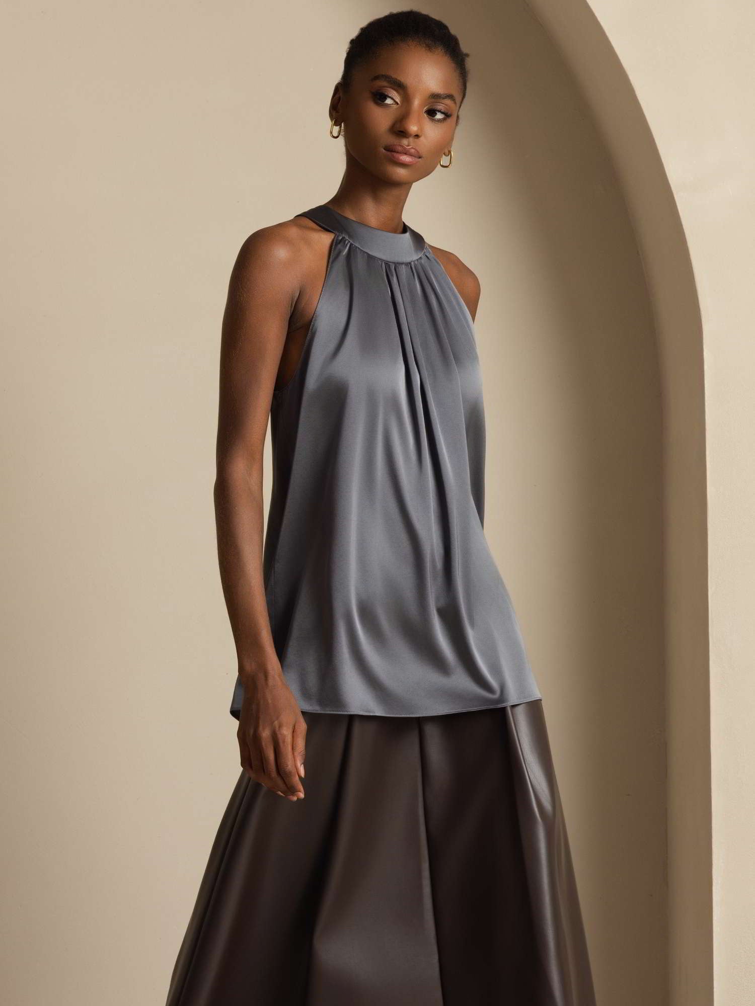 [Dark Gray] SilkSilky-UK 19Momme Silk Sleeveless Halter Neck Women's T-Shirt 007