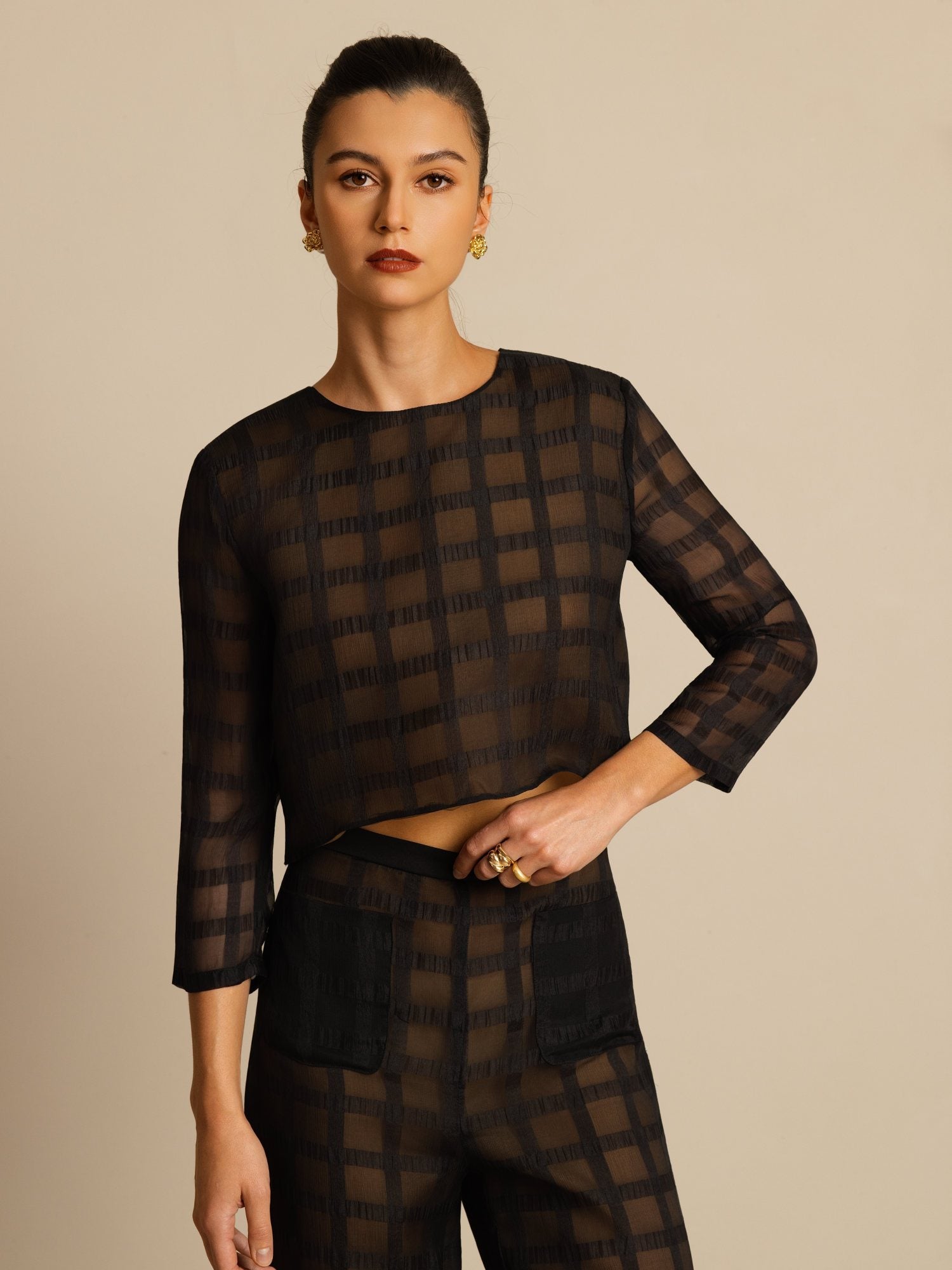 [Black] SilkSilky-UK Pure Silk Long Sleeve Round Neck Women''s Outfit Sets 006