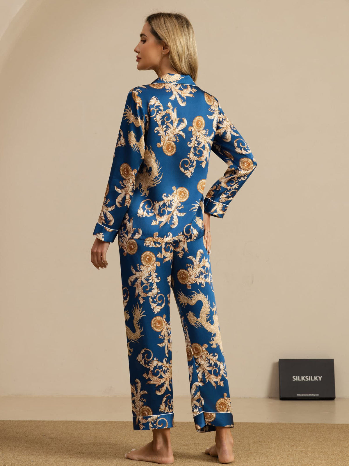 [Navy Dragon] SilkSilky-UK Long Sleeve Lapel Collar Women's Pyjamas 002