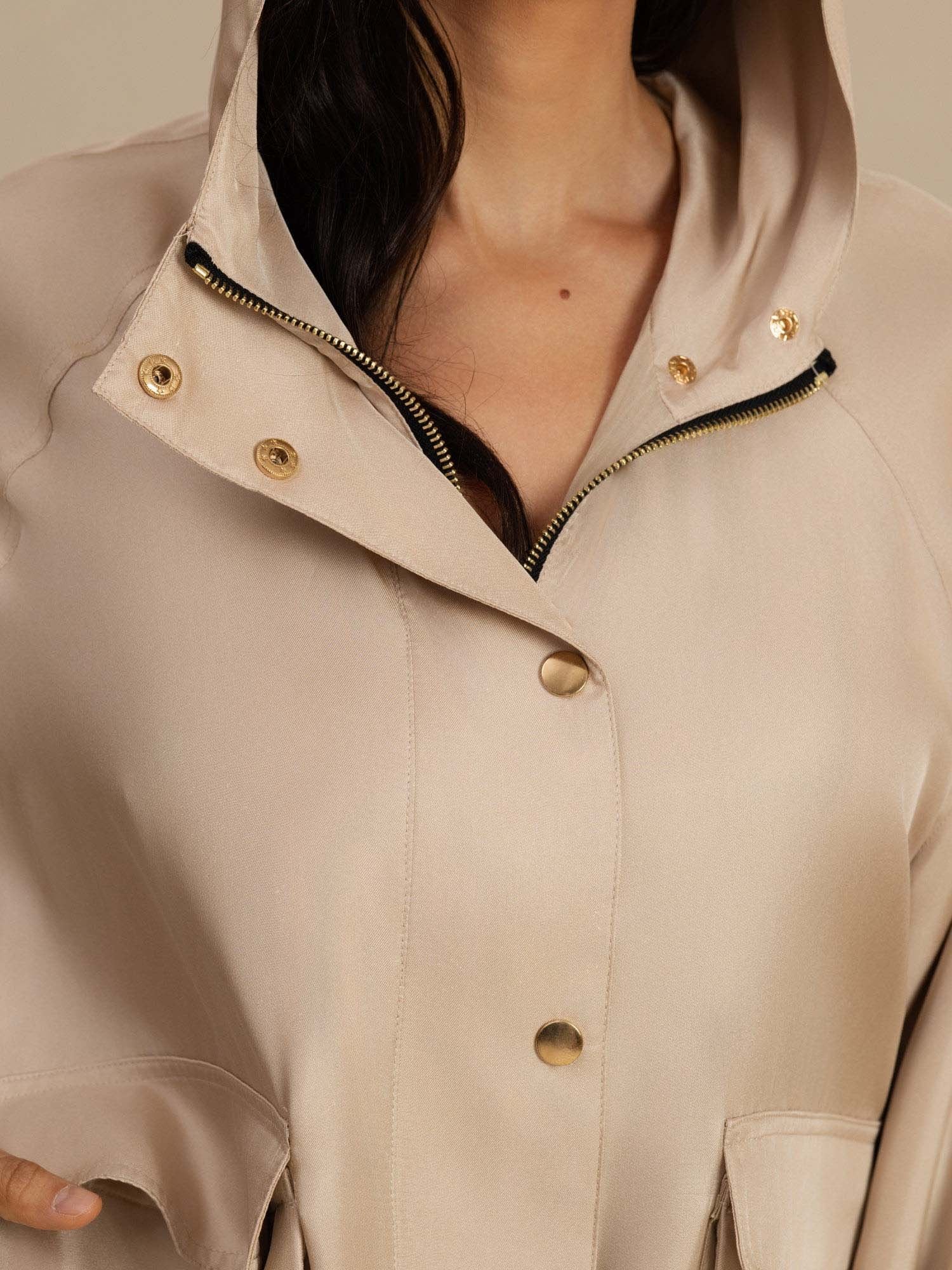 [Tan] SilkSilky-UK Silk Satin Surah Long Sleeve High Neck Women's Outerwear 007
