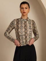 [Snakeskin] SilkSilky-UK 100% Silk Jersey Long Sleeve Mock Neck Women's T-Shirt 004